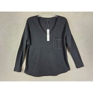 Aqua Women's Long Sleeve Waffle Knit V Neck Black Blouse Top Size S
